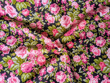 Black And Pink 100 % Cotton Rose Floral Fabric, Floral Print Fabric, Roses Flower Fabric